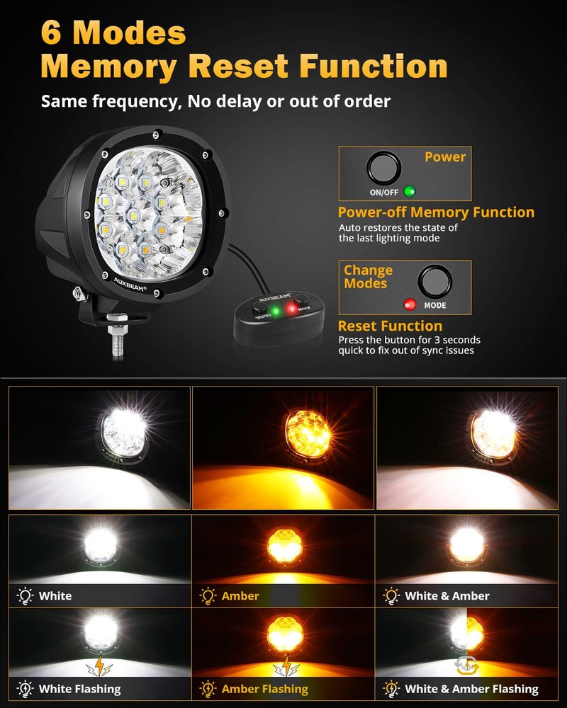 Auxbeam أضواء LED دائرية بألوان كهرماني وأبيض من أوكسبيم، 6 أوضاع، سلسلة P4، 4 إنش، 90 واط، أضواء ستروب فلاشينغ للطرق الوعرة، أضواء ضباب تحذيرية مزدوجة اللون، أضواء بقعة لسيارات 4x4 و ATV، زوج - Image 2