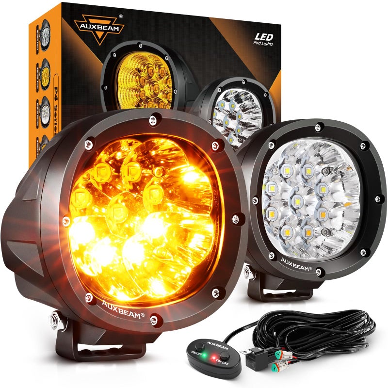 Auxbeam أضواء LED دائرية بألوان كهرماني وأبيض من أوكسبيم، 6 أوضاع، سلسلة P4، 4 إنش، 90 واط، أضواء ستروب فلاشينغ للطرق الوعرة، أضواء ضباب تحذيرية مزدوجة اللون، أضواء بقعة لسيارات 4x4 و ATV، زوج - Image 1