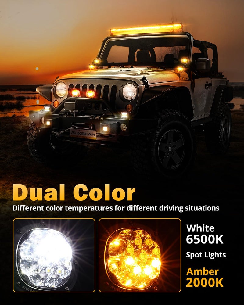 Auxbeam أضواء LED دائرية بألوان كهرماني وأبيض من أوكسبيم، 6 أوضاع، سلسلة P4، 4 إنش، 90 واط، أضواء ستروب فلاشينغ للطرق الوعرة، أضواء ضباب تحذيرية مزدوجة اللون، أضواء بقعة لسيارات 4x4 و ATV، زوج - Image 5