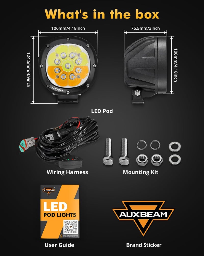 Auxbeam أضواء LED دائرية بألوان كهرماني وأبيض من أوكسبيم، 6 أوضاع، سلسلة P4، 4 إنش، 90 واط، أضواء ستروب فلاشينغ للطرق الوعرة، أضواء ضباب تحذيرية مزدوجة اللون، أضواء بقعة لسيارات 4x4 و ATV، زوج - Image 3