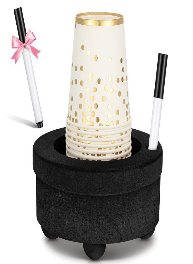 Newtay Wooden Cup Holder with Marker Slot Round Cup Dispenser Organizer Black for Hosting Party Picnic Essentials Bathroom Kitchen Decoration Housewarming Couples Gift - Image 1