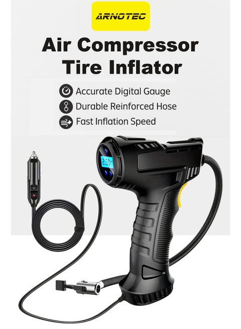 منفاخ إطارات ضاغط الهواء، منفاخ إطارات محمول باليد للسيارة مزود بشاشة رقمية وإضاءة LED، مضخة إطارات كهربائية قابلة لإعادة الشحن بقوة 12 فولت للسيارة والدراجة النارية والكرات والمنفخات (إصدار سلكي)