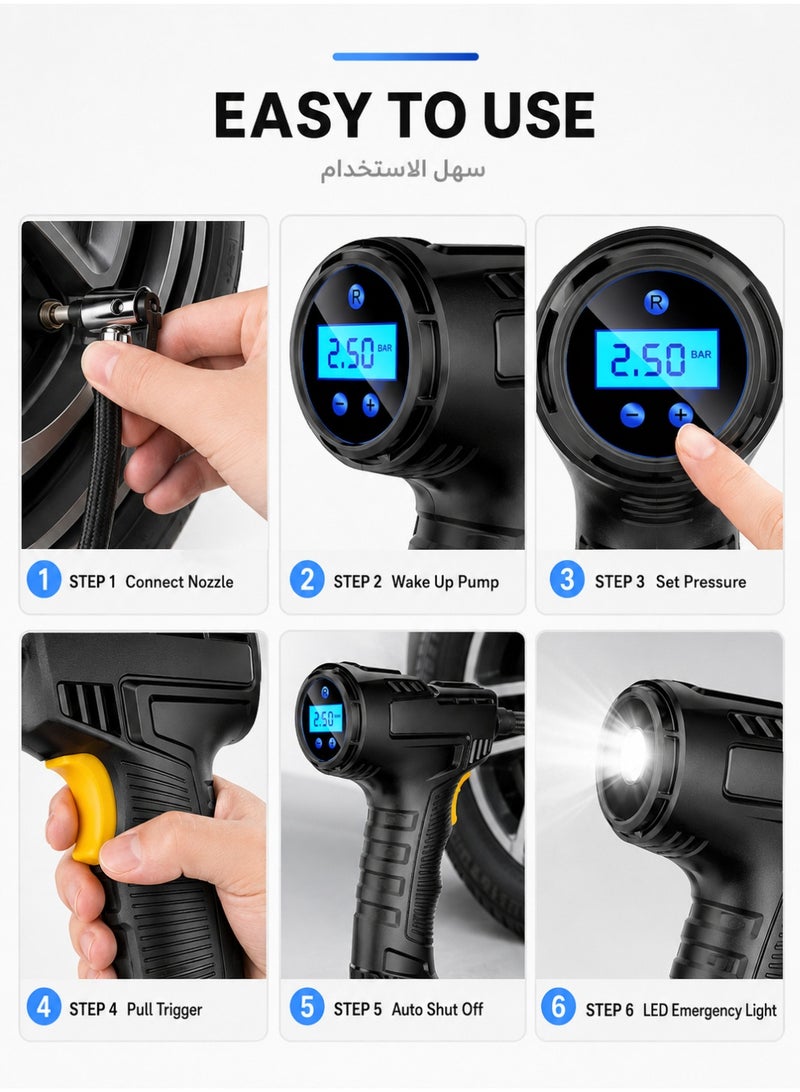 ARNOTEC Portable Digital Tire Inflator 12V Air Compressor Pump With LCD Gauge, LED Light, Auto Shut Off, Fast Inflation, Reinforced Hose And Extra Nozzles For Cars, Bikes, Motorcycles And Balls - Image 3