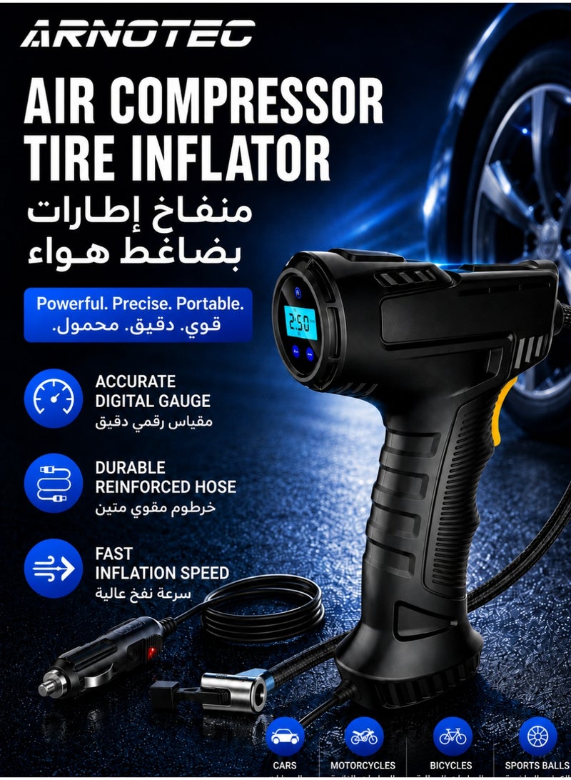 ARNOTEC Portable Digital Tire Inflator 12V Air Compressor Pump With LCD Gauge, LED Light, Auto Shut Off, Fast Inflation, Reinforced Hose And Extra Nozzles For Cars, Bikes, Motorcycles And Balls - Image 1