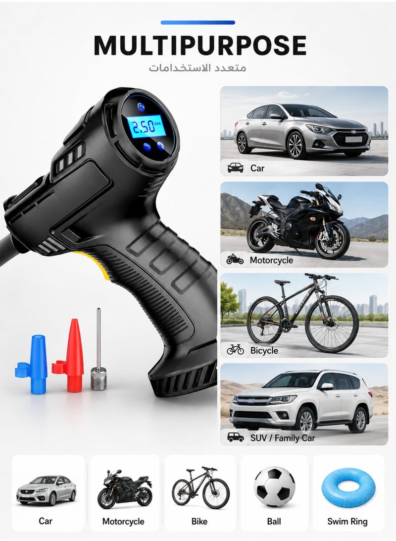 ARNOTEC Portable Digital Tire Inflator 12V Air Compressor Pump With LCD Gauge, LED Light, Auto Shut Off, Fast Inflation, Reinforced Hose And Extra Nozzles For Cars, Bikes, Motorcycles And Balls - Image 2