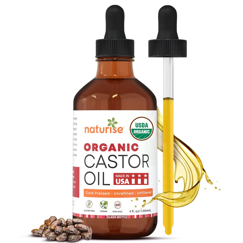 Naturise USDA Organic Castor Oil for Hair Growth â€“ Pure Castor Oil Organic Cold Pressed & Unrefined in Glass Bottle â€“ Vegan, Non-GMO Oils for Eyelash, Eyebrow, Hair, Skin & Face Support (4 fl oz) - Image 1