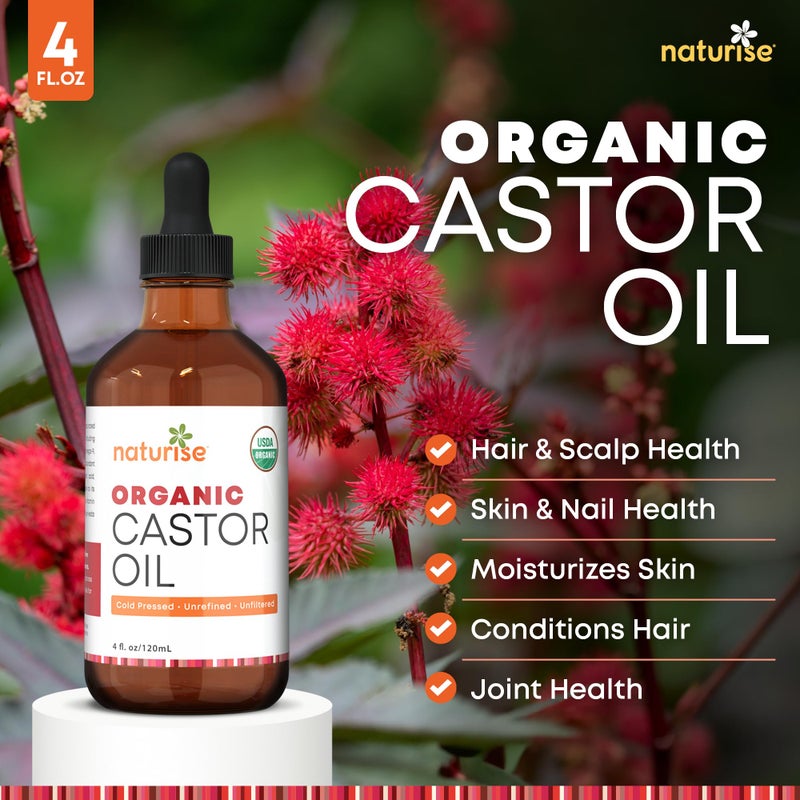 Naturise USDA Organic Castor Oil for Hair Growth â€“ Pure Castor Oil Organic Cold Pressed & Unrefined in Glass Bottle â€“ Vegan, Non-GMO Oils for Eyelash, Eyebrow, Hair, Skin & Face Support (4 fl oz) - Image 2