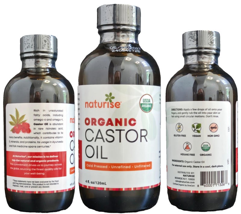 Naturise USDA Organic Castor Oil for Hair Growth â€“ Pure Castor Oil Organic Cold Pressed & Unrefined in Glass Bottle â€“ Vegan, Non-GMO Oils for Eyelash, Eyebrow, Hair, Skin & Face Support (4 fl oz) - Image 4