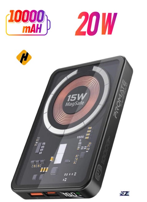 iPhone 15 Magnetic Wireless Power Bank, 10000mAh Transparent Battery Pack with 15W Wireless Charging, 20W USB-C PD & 22.5W QC 3.0, LCD Display – TransPack-10 (Black)