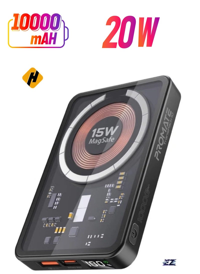 HuHa iPhone 15 Magnetic Wireless Power Bank, 10000mAh Transparent Battery Pack with 15W Wireless Charging, 20W USB-C PD & 22.5W QC 3.0, LCD Display – TransPack-10 (Black)  - Image 1