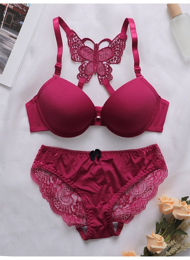 Generic - Comfy Solid Color Thin Cup Lace Bra Panty Set Red Size L - Image 1