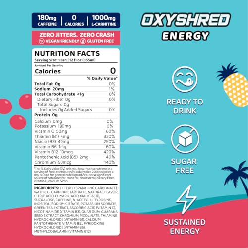 EHP Labs OxyShred Healthy Energy Drink - Zero Sugar Energy Drinks with Amino Acids, Green Tea Extract, Vitamin C & L Carnitine - Zero Carbs, Zero Calories, Clean Caffeine, Bahama Breeze (12-Pack) - Image 2