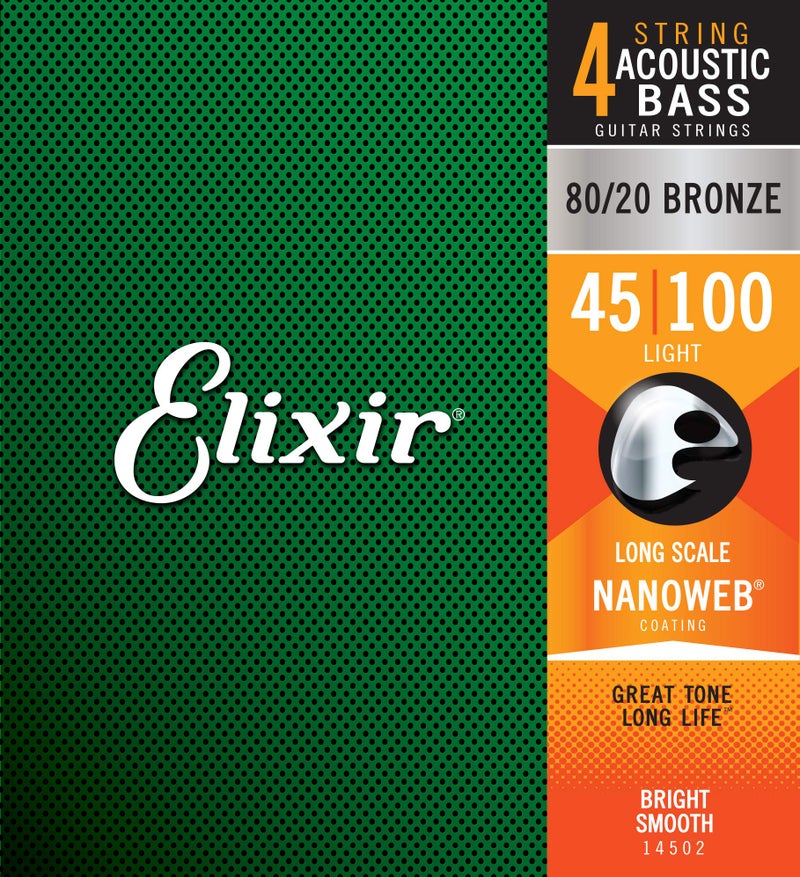 Elixir Strings 80/20 Bronze Acoustic 4-String Bass Strings w NANOWEB Coating, Long Scale, Light (.045-.100) - Image 1