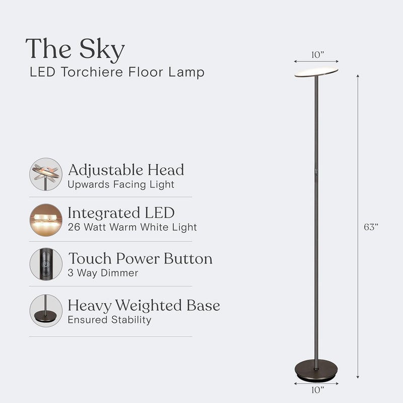 brightech Sky LED Floor lamp, Torchiere Super Bright Floor Lamp for Living Room Decor & Office - Dimmable, Tall Standing Lamp with Warm Light for Bedroom & Reading - Bronze - Image 3