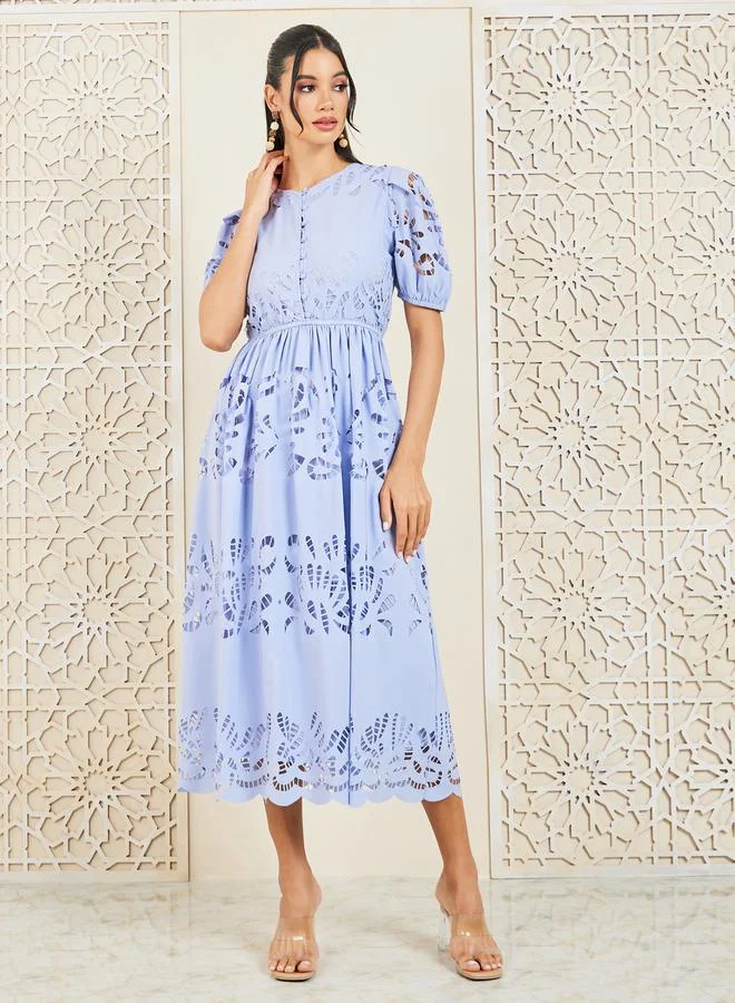 Styli Cut Out Detail Scallop Edge Button Detail A-Line Midi Dress