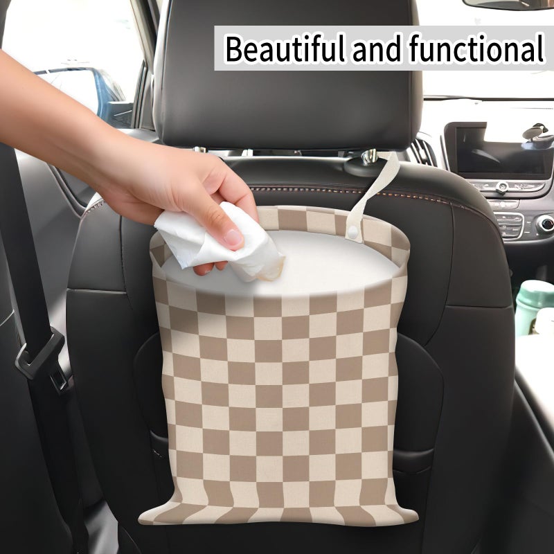 AUEKLLW Car Trash Can, Hanging Garbage Bin for Men and Women, Cute Car Organizer and Storage Bag, Canvas Vehicle Trash Can Bag Easy-to-Install Cute Checkboard - Image 2