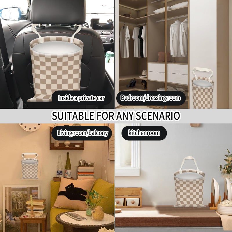 AUEKLLW Car Trash Can, Hanging Garbage Bin for Men and Women, Cute Car Organizer and Storage Bag, Canvas Vehicle Trash Can Bag Easy-to-Install Cute Checkboard - Image 4