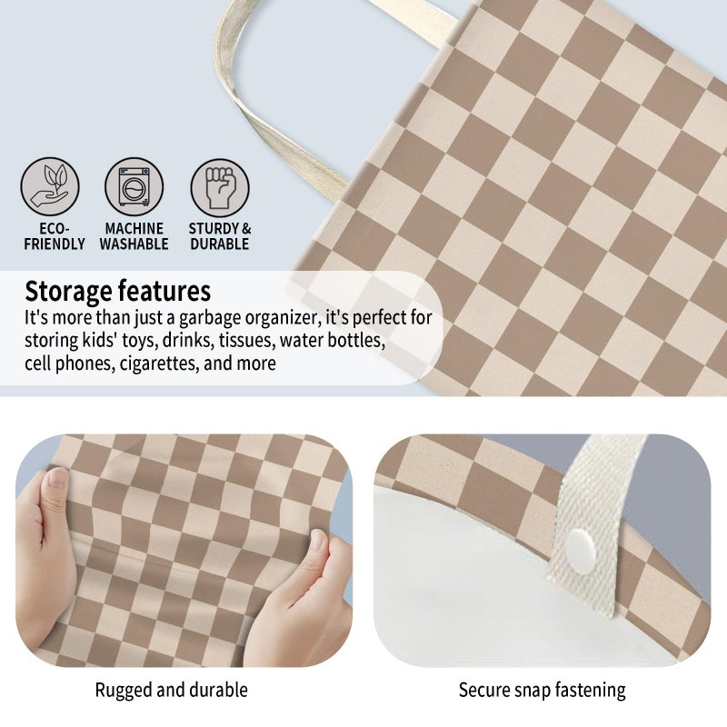 AUEKLLW Car Trash Can, Hanging Garbage Bin for Men and Women, Cute Car Organizer and Storage Bag, Canvas Vehicle Trash Can Bag Easy-to-Install Cute Checkboard - Image 3