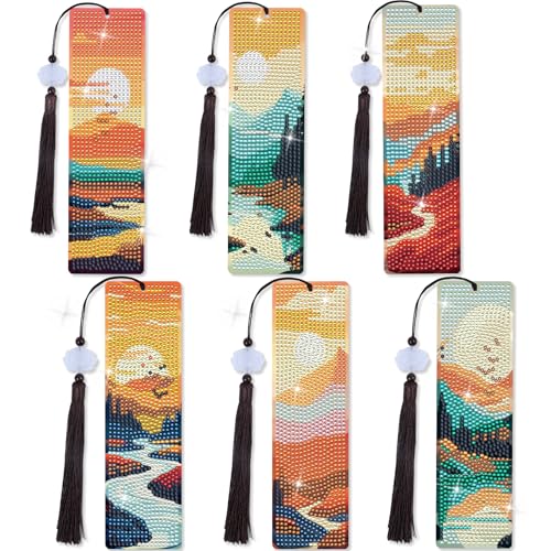 Sitsink Scenery Diamond Art Bookmarks - 6 Pcs Sunset Diamond Painting Bookmark Kits with Tassels, Sunrise DIY Gem Art Rhinestone Crafting Kit for Adults Women - Image 2