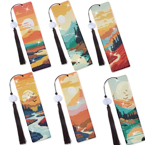 Sitsink Scenery Diamond Art Bookmarks - 6 Pcs Sunset Diamond Painting Bookmark Kits with Tassels, Sunrise DIY Gem Art Rhinestone Crafting Kit for Adults Women - Image 1