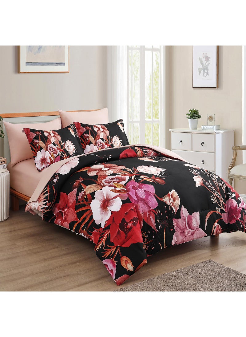 Luxudecor Luxudecor Floral Comforter Set King Size 7 Piece  Red Flower Bed in a Bag  Elegant Comforter Bedding Set for All Season (Red  104""x90"")  - Image 2