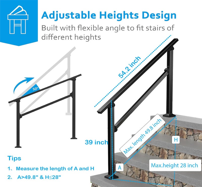 FOYUEE Wrought Iron Handrails for Outdoor Steps - Exterior Hand Rails for Concrete Steps Outside Metal Stair Railing Porch 4 Step - Image 3