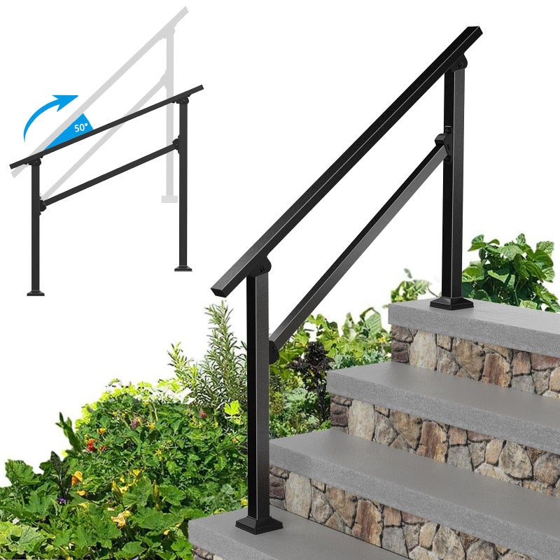 FOYUEE Wrought Iron Handrails for Outdoor Steps - Exterior Hand Rails for Concrete Steps Outside Metal Stair Railing Porch 4 Step - Image 1