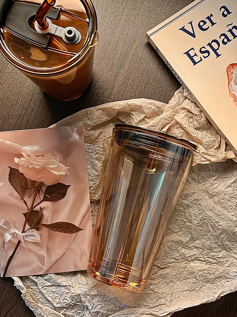Olvini 15oz Glass Tumbler with Straw and Lid, Cute Iced Coffee Cups, Aesthetic Glass Cups, Coffee Tumbler, Water Cup, Matcha Cup, Drinking Glasses (Amber) - Image 3