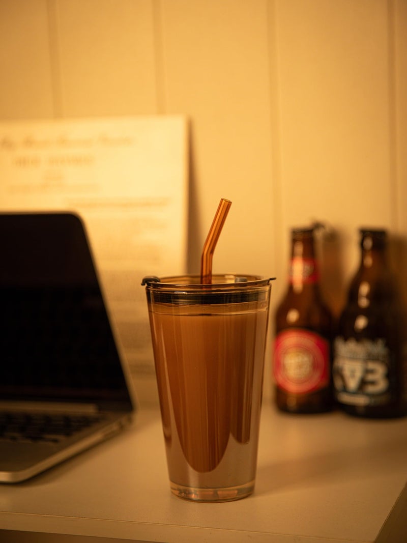 Olvini 15oz Glass Tumbler with Straw and Lid, Cute Iced Coffee Cups, Aesthetic Glass Cups, Coffee Tumbler, Water Cup, Matcha Cup, Drinking Glasses (Amber) - Image 4