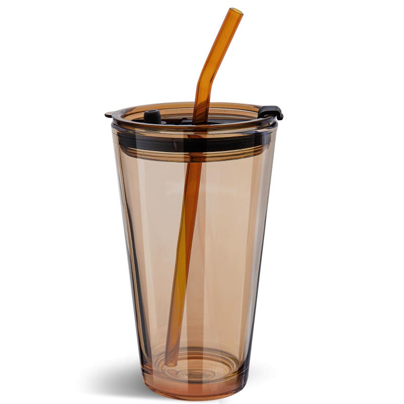 Olvini 15oz Glass Tumbler with Straw and Lid, Cute Iced Coffee Cups, Aesthetic Glass Cups, Coffee Tumbler, Water Cup, Matcha Cup, Drinking Glasses (Amber) - Image 1