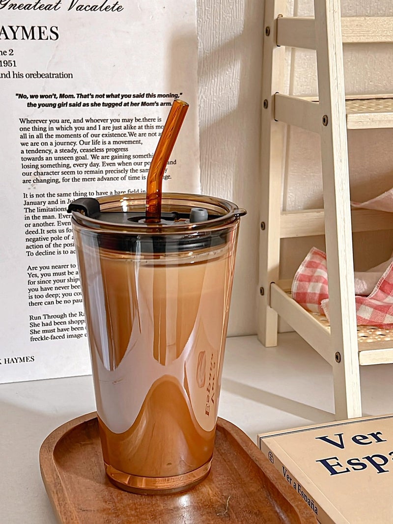 Olvini 15oz Glass Tumbler with Straw and Lid, Cute Iced Coffee Cups, Aesthetic Glass Cups, Coffee Tumbler, Water Cup, Matcha Cup, Drinking Glasses (Amber) - Image 2
