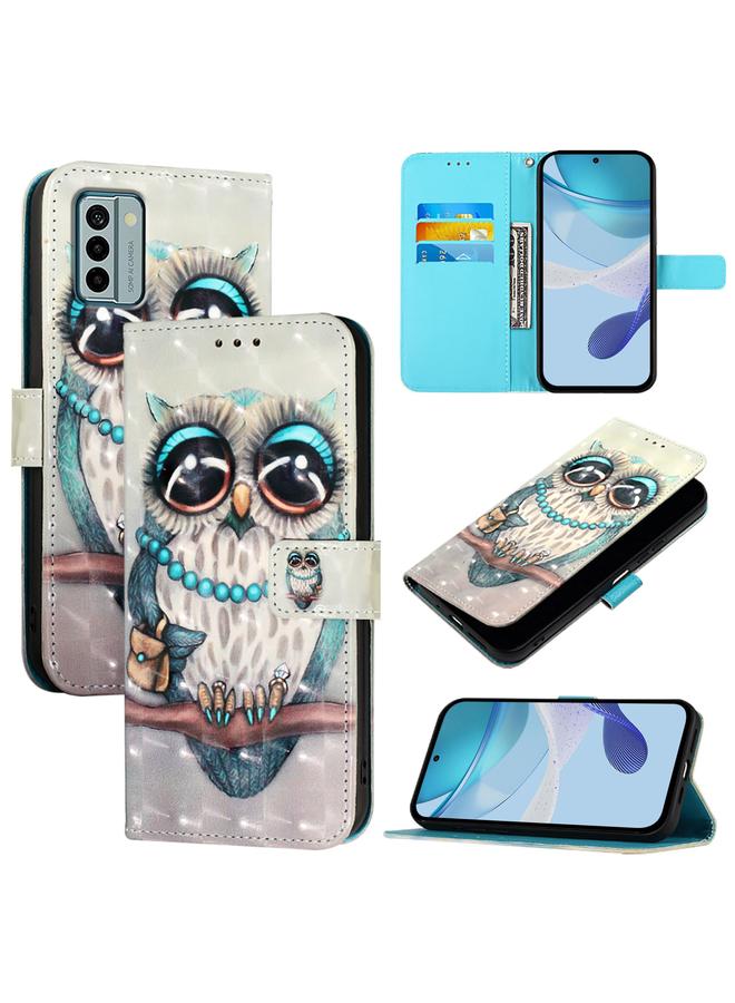 جراب جلدي قابل للطي أفقيًا برسومات ثلاثية الأبعاد لهاتف Nokia G22 (بومة رمادية)