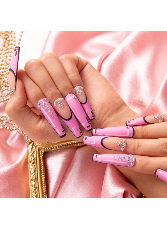 Lovful Press On Nails Pop Art French Tip | Handmade With Full Covered Crystals | Reusable Fake Nails | Coffin Mid Length 1.73In | H81-M  - Image 3