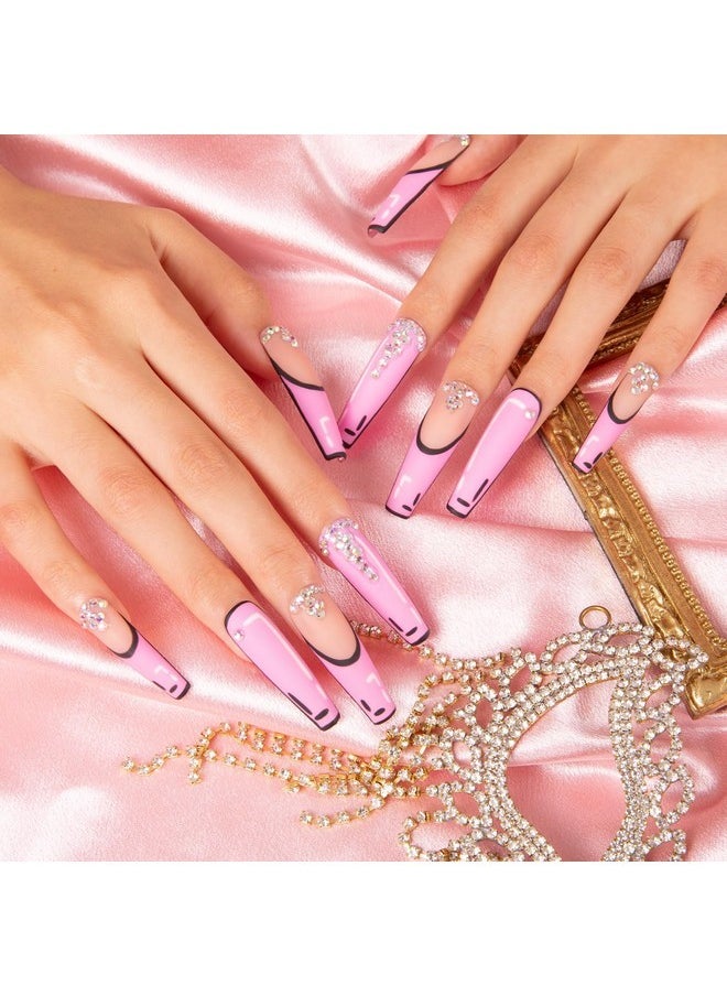 Lovful Press On Nails Pop Art French Tip | Handmade With Full Covered Crystals | Reusable Fake Nails | Coffin Mid Length 1.73In | H81-M  - Image 2