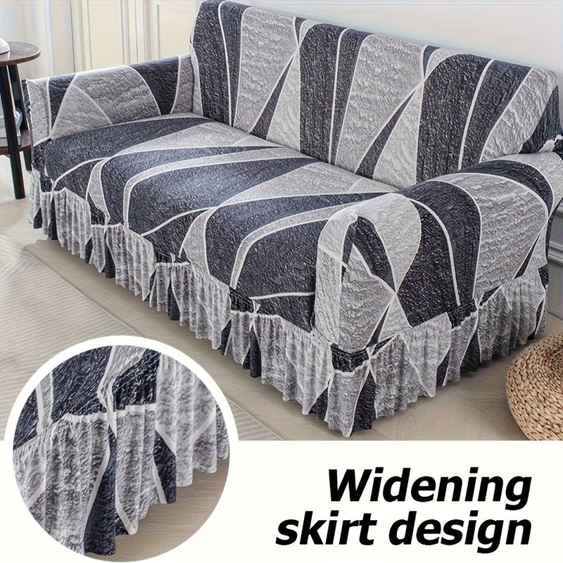 1pc Contemporary Ruffled Hem Sofa Cover with Elastic Full Coverage Geometric Print Stretch Sofa Protector for Four Seater Couch Machine Washable Dust Resistant Living Room Furniture Protector Woven Texture Design Durable Fabric - Image 3