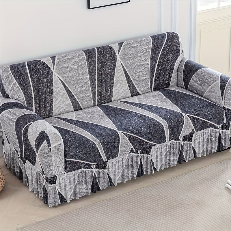 1pc Contemporary Ruffled Hem Sofa Cover with Elastic Full Coverage Geometric Print Stretch Sofa Protector for Four Seater Couch Machine Washable Dust Resistant Living Room Furniture Protector Woven Texture Design Durable Fabric - Image 4