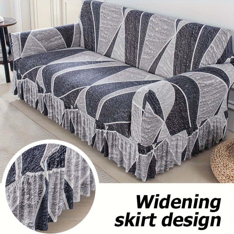 1pc Contemporary Ruffled Hem Sofa Cover with Elastic Full Coverage Geometric Print Stretch Sofa Protector for Four Seater Couch Machine Washable Dust Resistant Living Room Furniture Protector Woven Texture Design Durable Fabric - Image 1