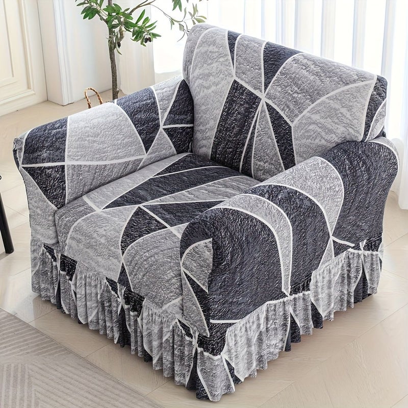 1pc Contemporary Ruffled Hem Sofa Cover with Elastic Full Coverage Geometric Print Stretch Sofa Protector for Four Seater Couch Machine Washable Dust Resistant Living Room Furniture Protector Woven Texture Design Durable Fabric - Image 5