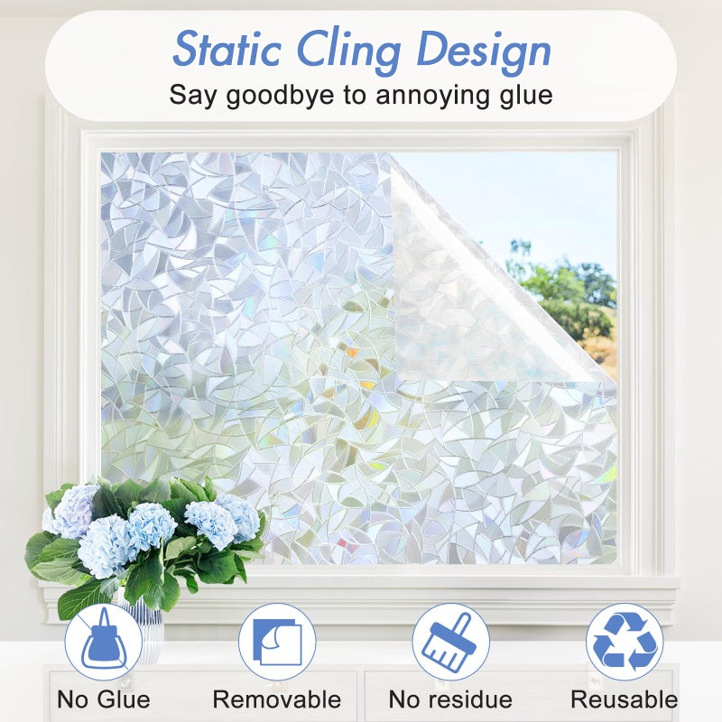 Haton Window Privacy Film, Stained Glass Rainbow Film Decorative Window Clings, Static Cling Sun Blocking Sticker, One Way Cover Tint for Home Heat Control, Non-Adhesive, Silver 17.5" x 78.7" - Image 4