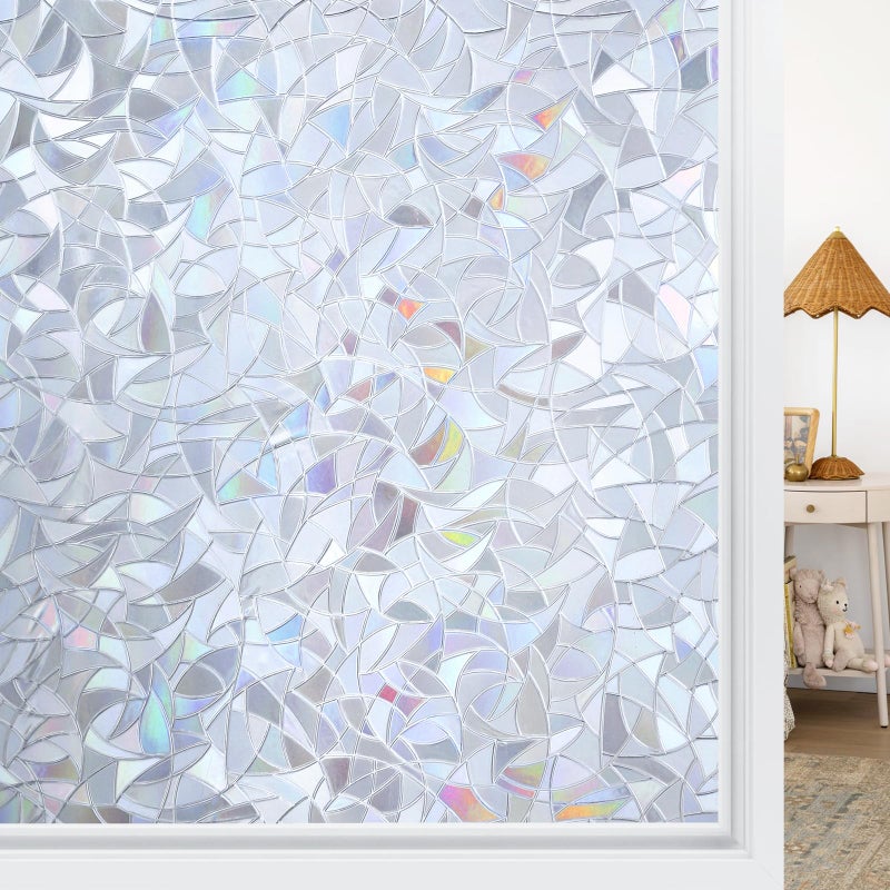 Haton Window Privacy Film, Stained Glass Rainbow Film Decorative Window Clings, Static Cling Sun Blocking Sticker, One Way Cover Tint for Home Heat Control, Non-Adhesive, Silver 17.5" x 78.7" - Image 1