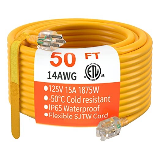 HUANCHAIN 50 ft 14/3 Gauge Heavy Duty Outdoor Extension Cord Waterproof with Lighted, Flexible Cold Weather 3 Prong Electric Cord Outside, 15A 1875W 125V 14AWG SJTW, Yellow, ETL Listed - Image 1