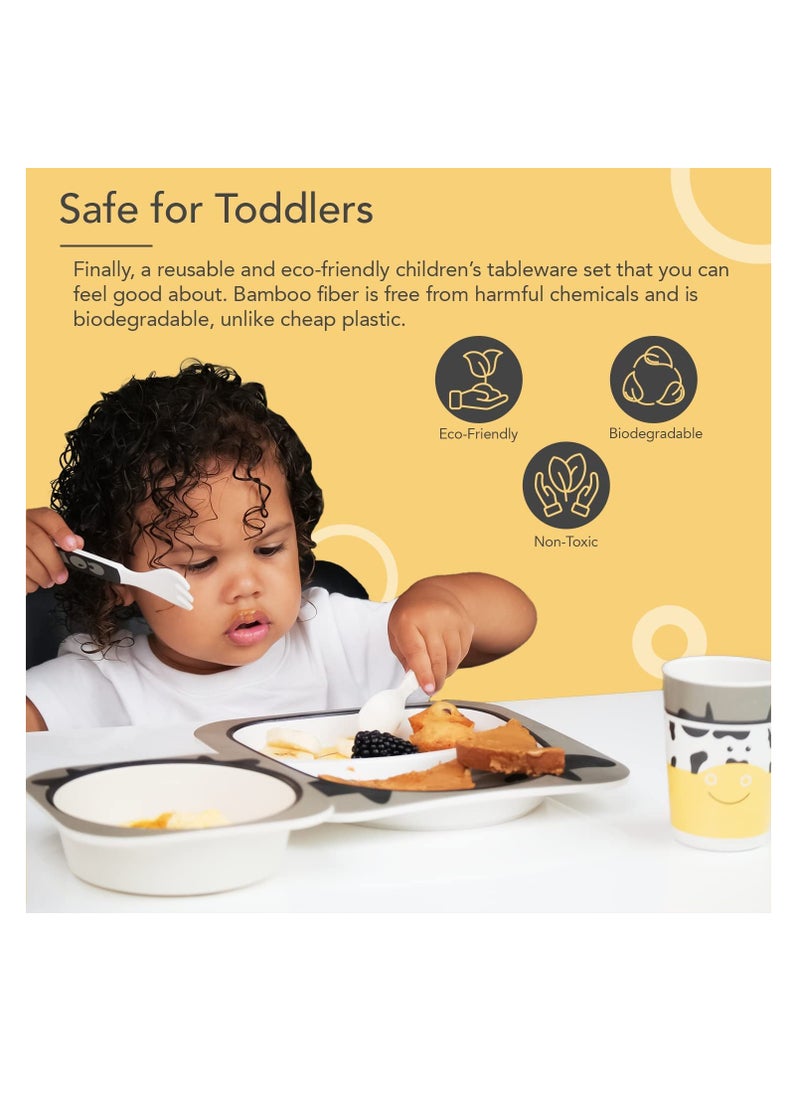 Excefore - Bamboo Kids Plate and Bowl Set | Matching Dishes for Toddlers Ages 1+ | 5 Piece Divided Dinnerware Set Includes Plate, Bowl, Cup & Utensils | Reusable, BPA Free & Dishwasher Safe Toddler Set(Cow) - Image 1