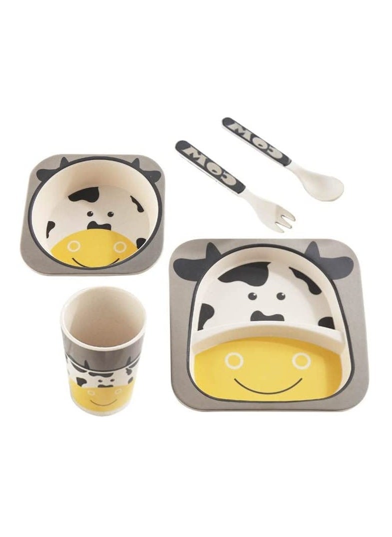 Excefore - Bamboo Kids Plate and Bowl Set | Matching Dishes for Toddlers Ages 1+ | 5 Piece Divided Dinnerware Set Includes Plate, Bowl, Cup & Utensils | Reusable, BPA Free & Dishwasher Safe Toddler Set(Cow) - Image 1