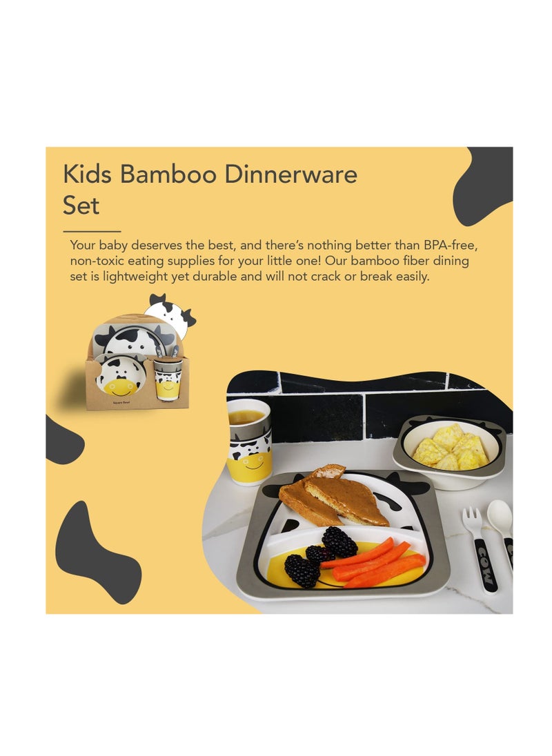 Excefore - Bamboo Kids Plate and Bowl Set | Matching Dishes for Toddlers Ages 1+ | 5 Piece Divided Dinnerware Set Includes Plate, Bowl, Cup & Utensils | Reusable, BPA Free & Dishwasher Safe Toddler Set(Cow) - Image 1