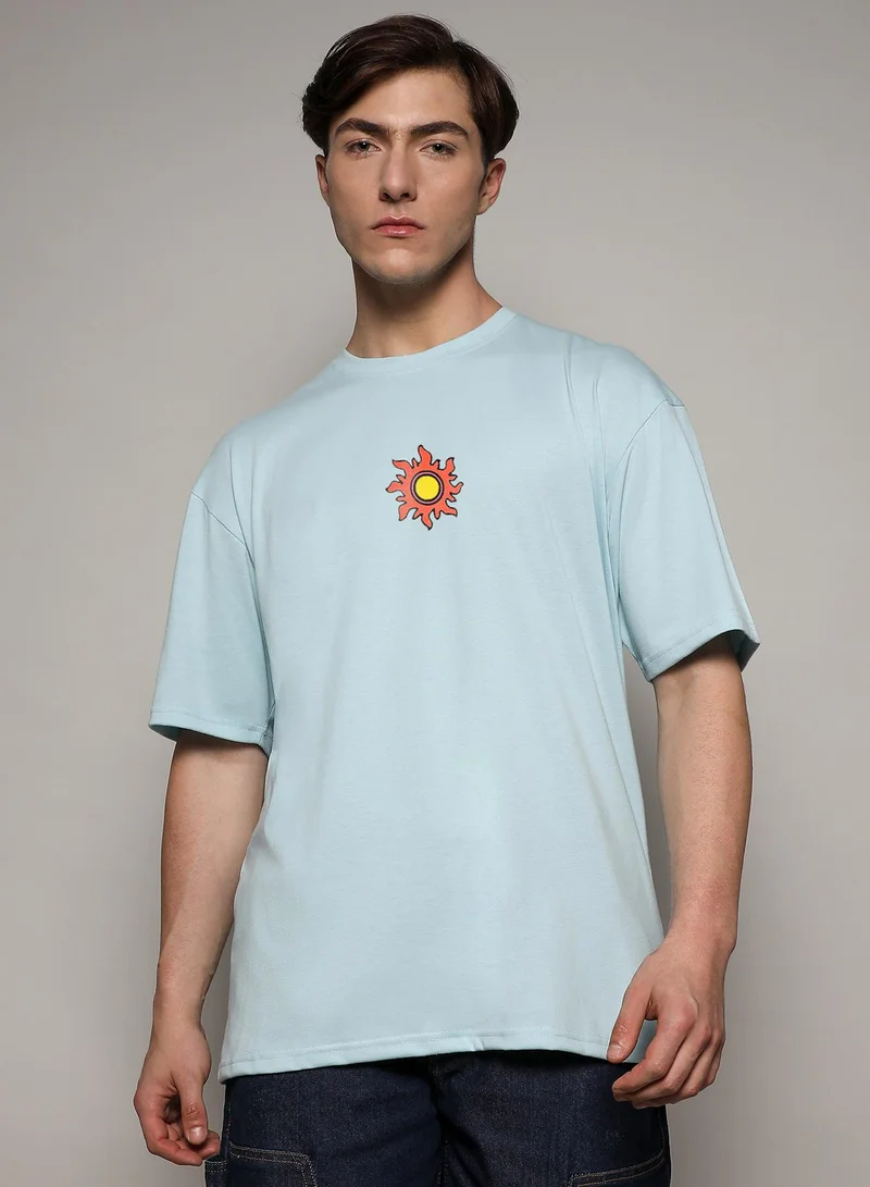 Campus Sutra Campus Sutra Men's Powder Blue Printed Oversized Basic T-Shirt