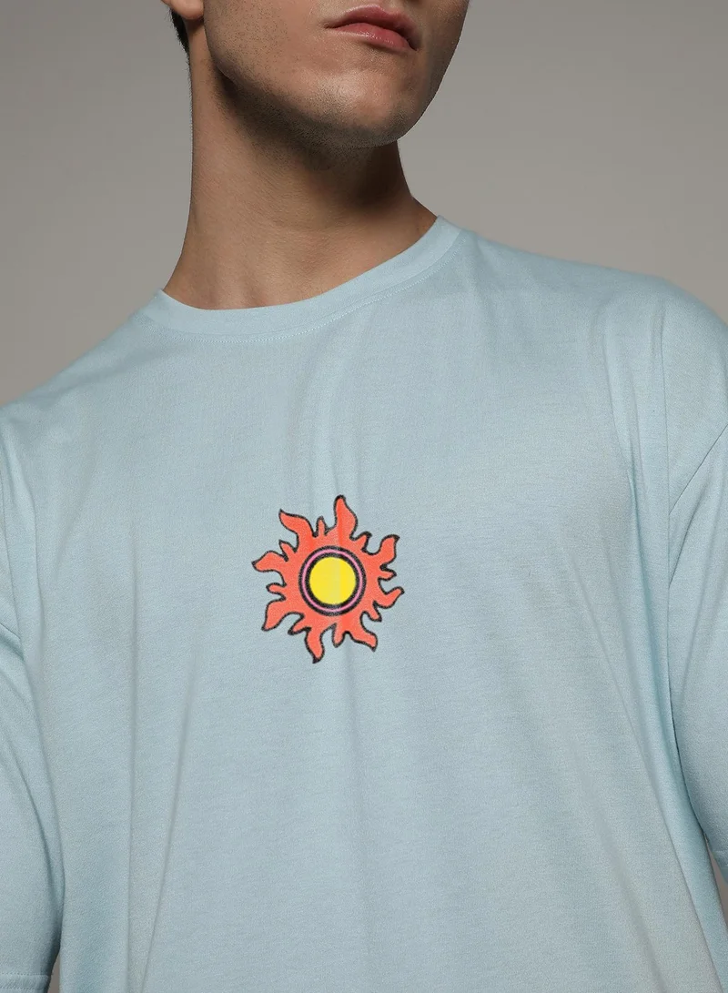 Campus Sutra Campus Sutra Men's Powder Blue Printed Oversized Basic T-Shirt