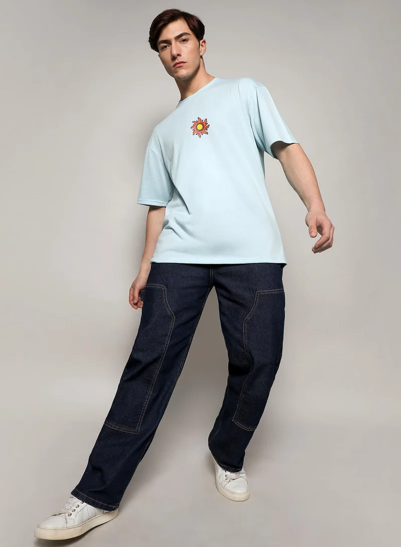 Campus Sutra Campus Sutra Men's Powder Blue Printed Oversized Basic T-Shirt