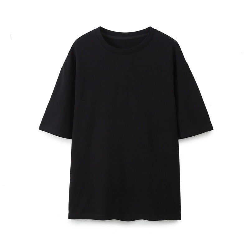 2024 Cross-border Summer European and American Womens Solid Color Base Shirt Round Neck Casual Loose T-shirt Straight Trousers E73815 Black T-Shirt A02