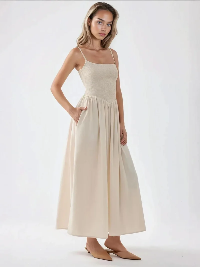 HICCUP Natural Square Collar A-Form Maxi Dress for Women | Best Price UAE