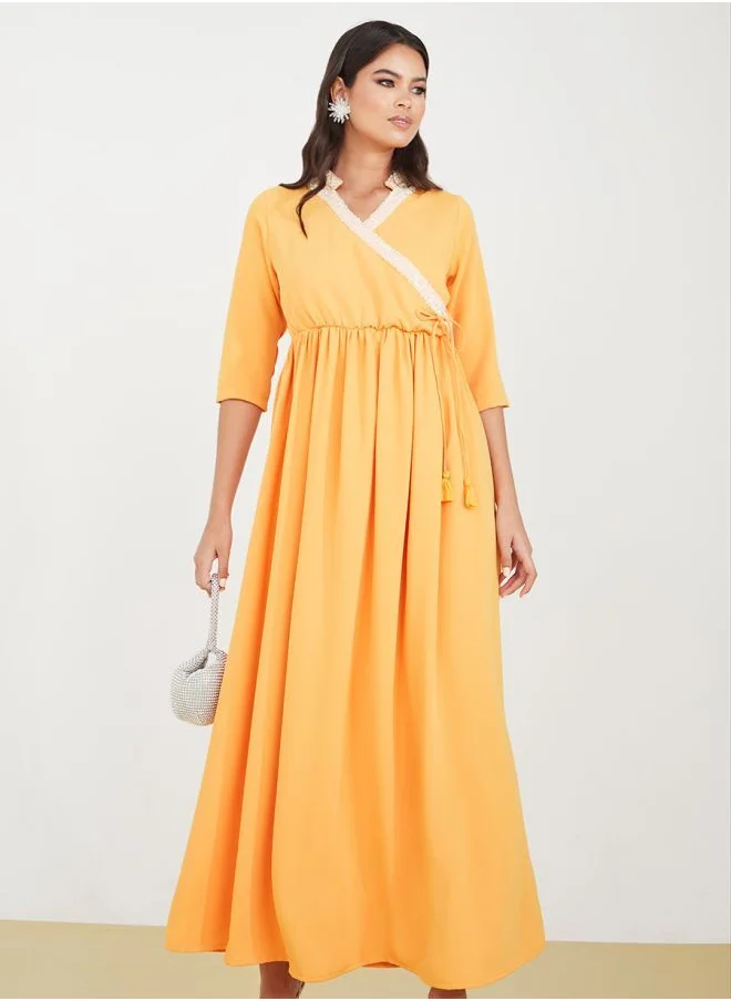 Styli 3/4 Sleeve Beaded Trim A-Line Maxi Dress